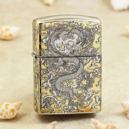 Zippo Gold and Silver Deep Carved Coiling Dragon in the Clouds - SC33