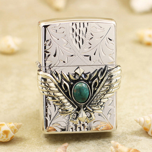 Zippo Hand-Carved Wing Emblem with Turquoise Inlay - JP72