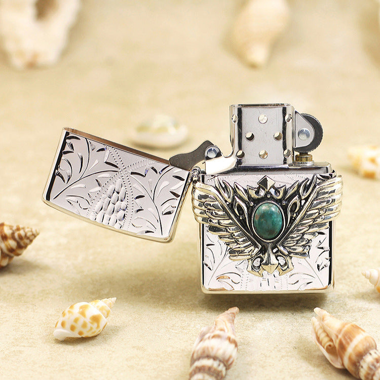 Zippo Handcrafted Wing Emblem (Silver with Blue Turquoise) - JP25