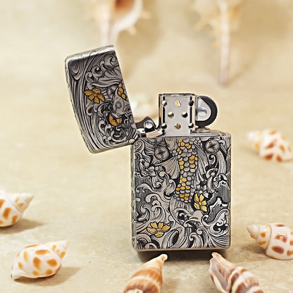 Zippo Heavy Carved Two-Tone Koi Fish and Turbulent Waves Case - CM14