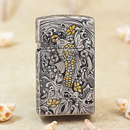 Zippo Heavy Carved Two-Tone Koi Fish and Turbulent Waves Case - CM14