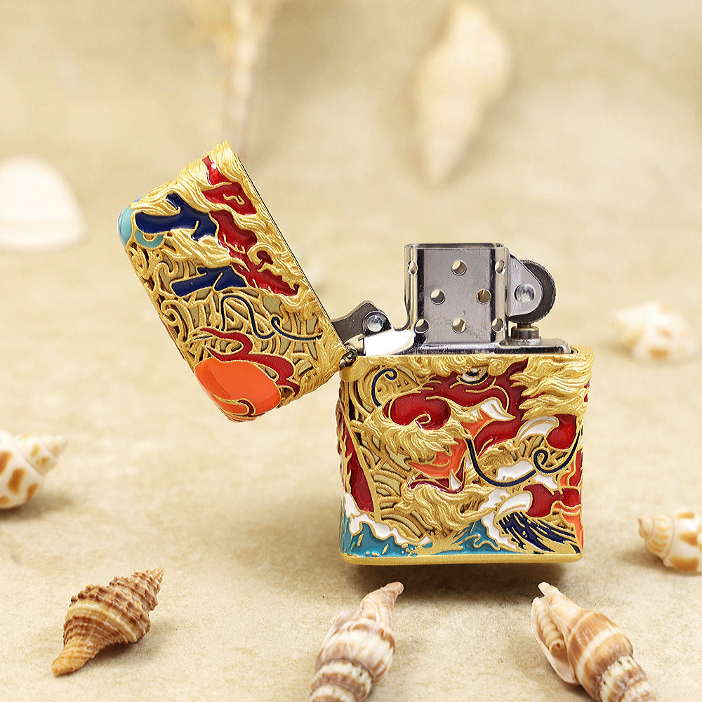 Zippo Heavy Relief Antique Silver Dragon and Ocean Wave Case - CM50