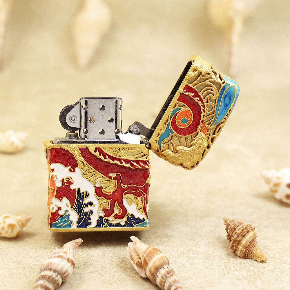 Zippo Heavy Relief Antique Silver Dragon and Ocean Wave Case - CM50