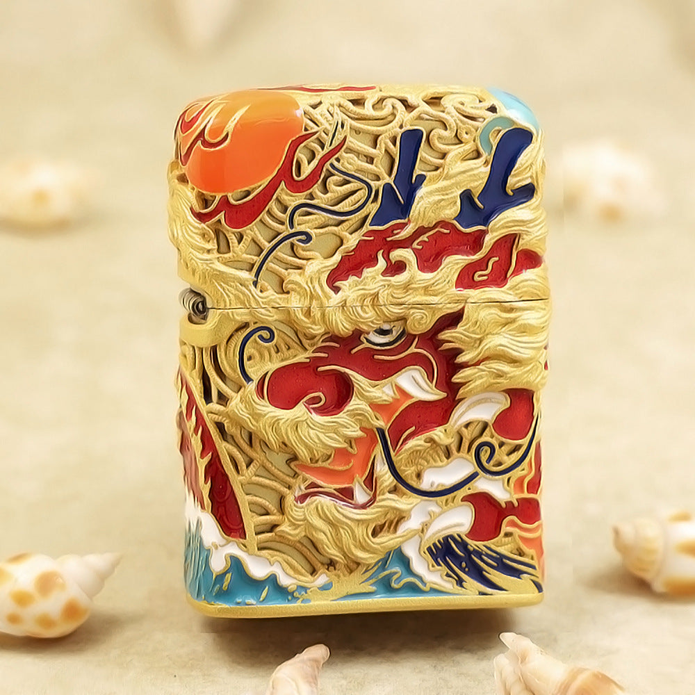 Zippo Heavy Relief Antique Silver Dragon and Ocean Wave Case - CM50