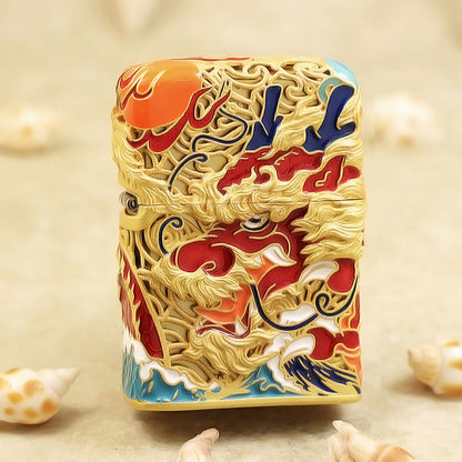 Zippo Heavy Relief Antique Silver Dragon and Ocean Wave Case - CM50