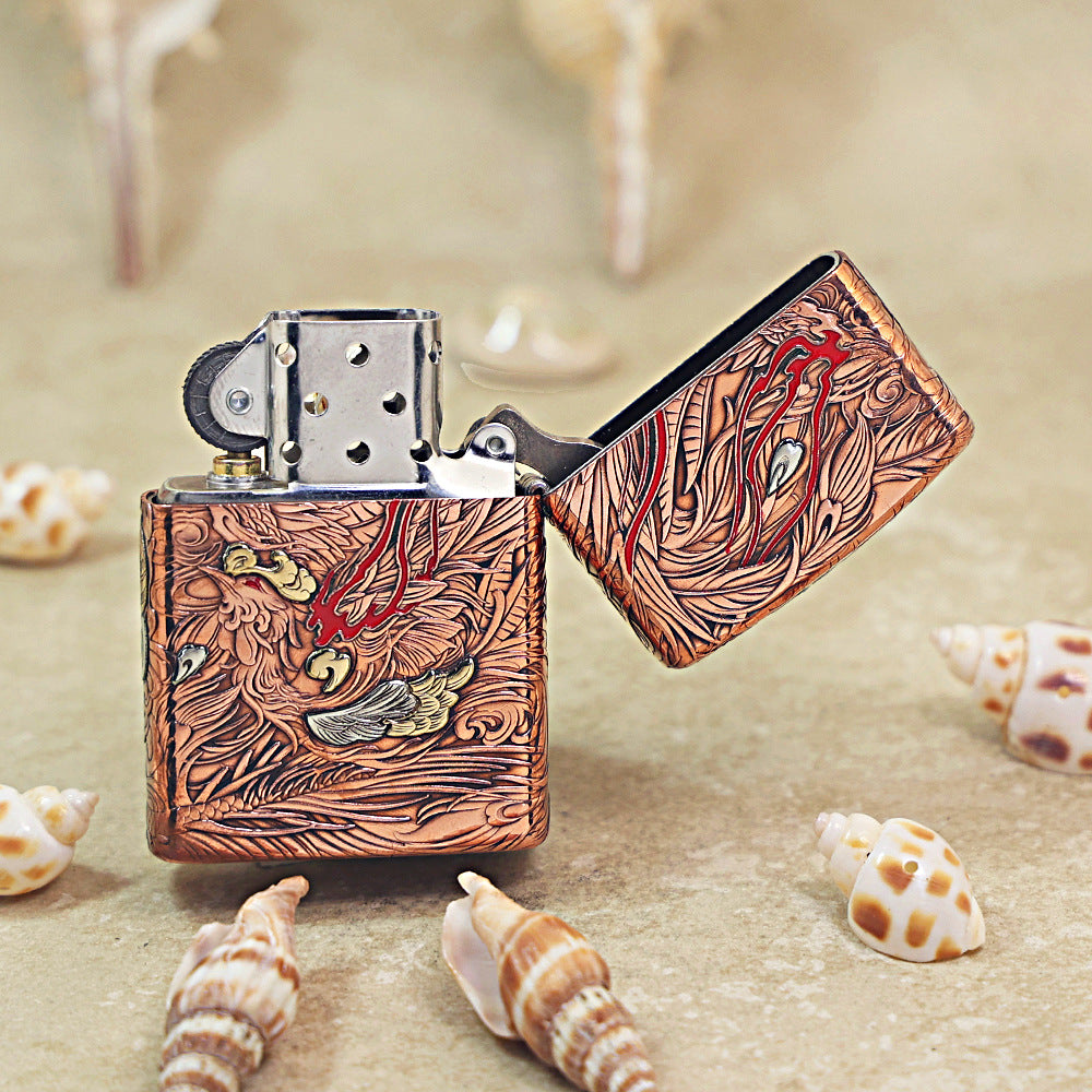 Zippo Heavy Relief Copper Tone Dragon and Flame Case Set - CM17