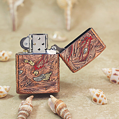 Zippo Heavy Relief Copper Tone Dragon and Flame Case Set - CM17