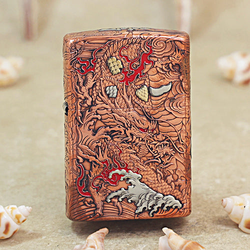 Zippo Heavy Relief Copper Tone Dragon and Flame Case Set - CM17