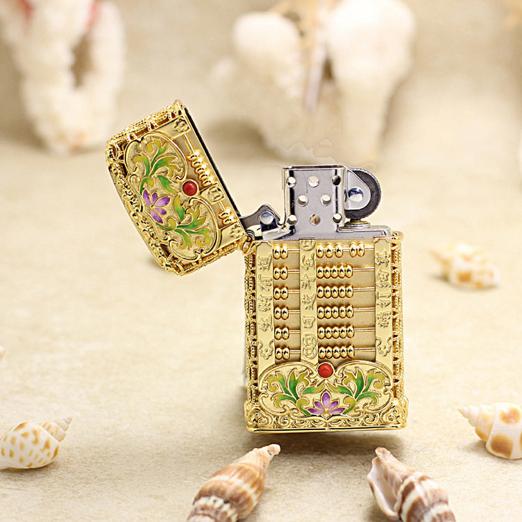 Zippo Heavy Relief Gold Abacus and Lotus Filigree Slim Case Set - CM52
