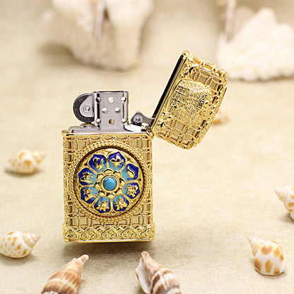 Zippo Heavy Relief Gold Abacus and Lotus Filigree Slim Case Set - CM52