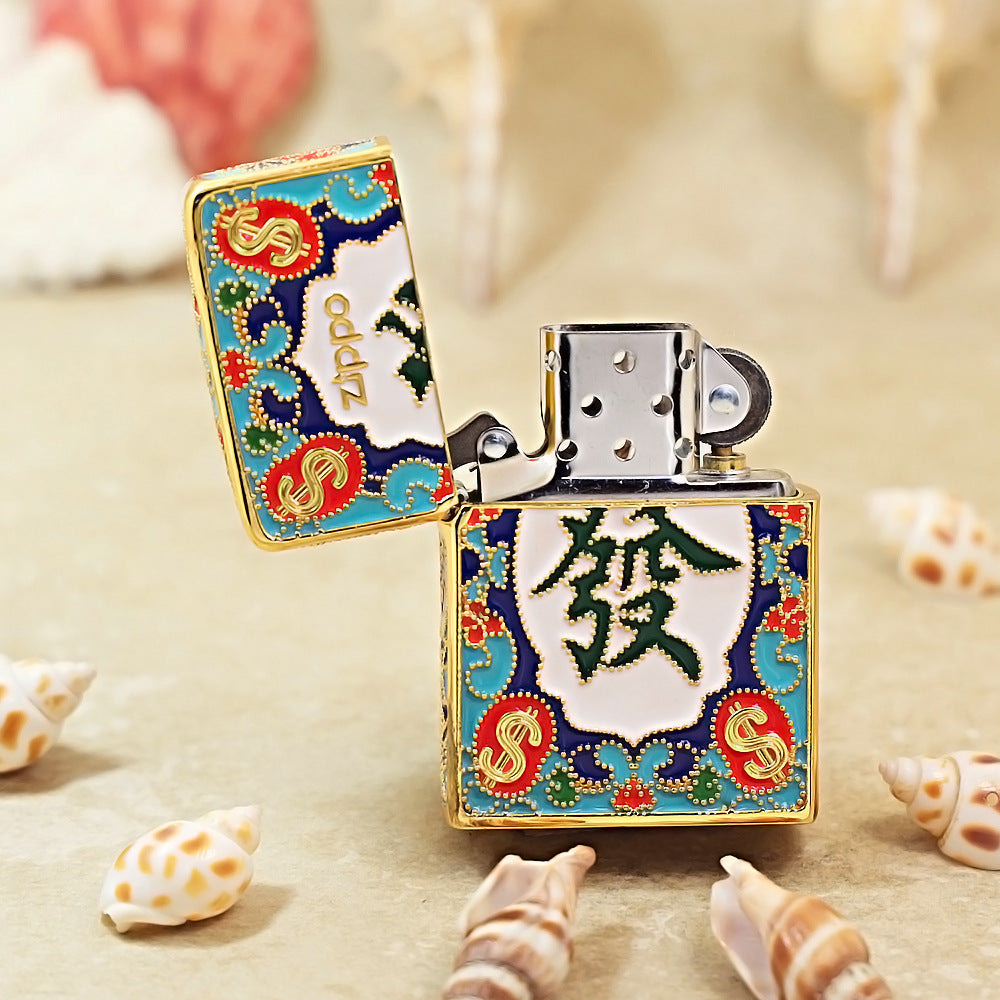 Zippo Heavy Relief Gold Enamel Prosperity Mahjong Tile Case - CM22