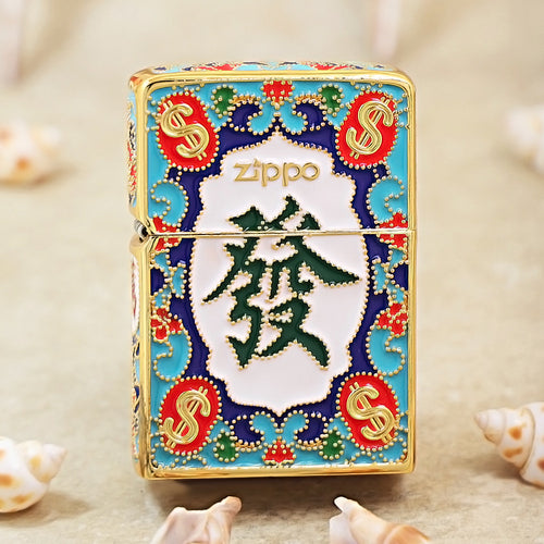 Zippo Heavy Relief Gold Enamel Prosperity Mahjong Tile Case - CM22
