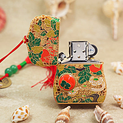 Zippo Heavy Relief Gold Filigree Persimmon Gourd Good Fortune Case Set - CM37