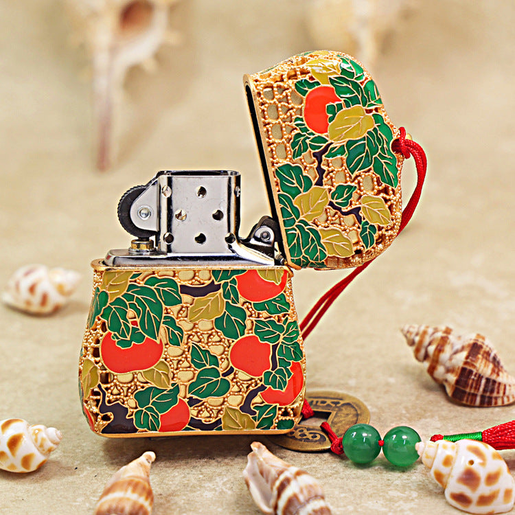 Zippo Heavy Relief Gold Filigree Persimmon Gourd Good Fortune Case Set - CM37