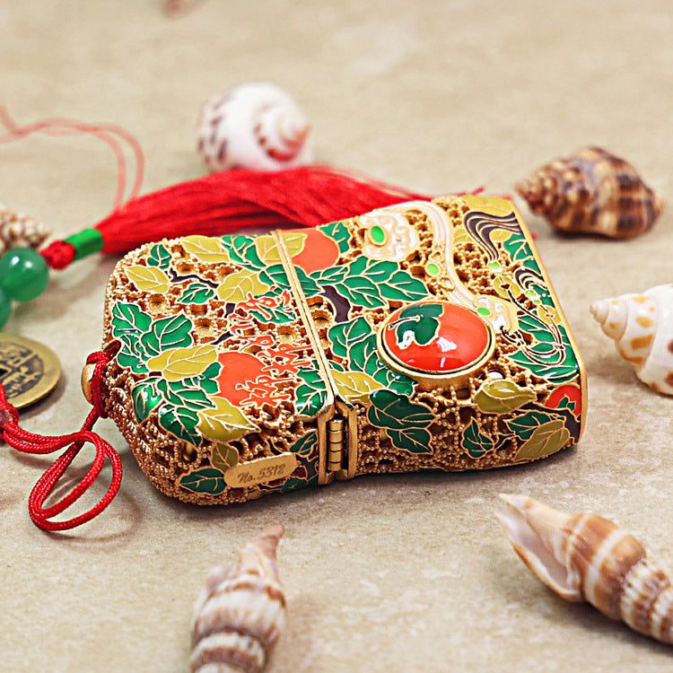 Zippo Heavy Relief Gold Filigree Persimmon Gourd Good Fortune Case Set - CM37