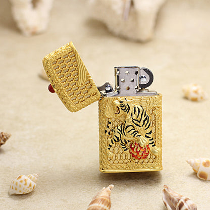 Zippo Heavy Relief Gold Filigree Winged Tiger Case Set - CM53