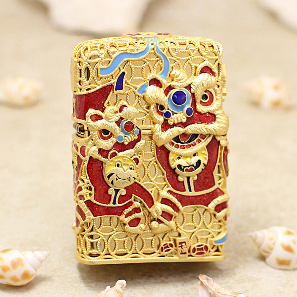 Zippo Heavy Relief Gold Lion Dance and Tiger Zodiac Case Set - CM23