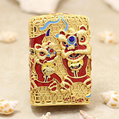 Zippo Heavy Relief Gold Lion Dance and Tiger Zodiac Case Set - CM23