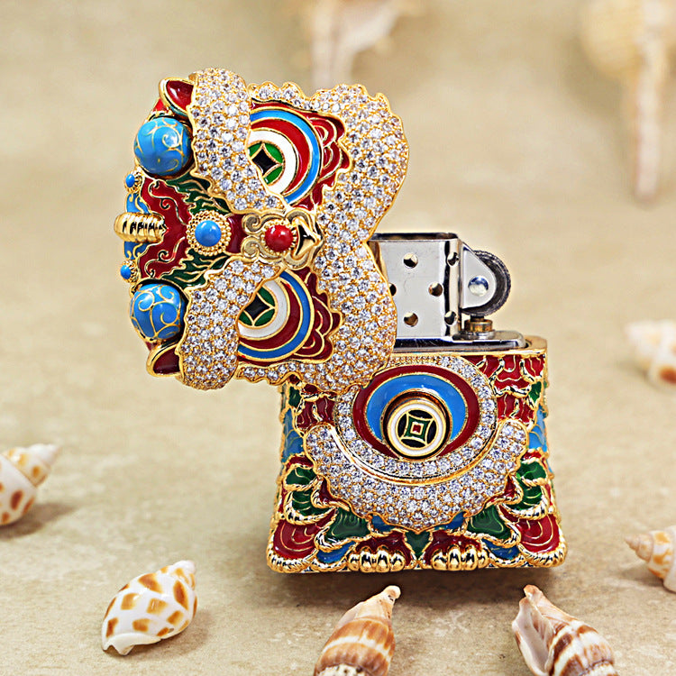 Zippo Heavy Relief Gold and Gemstone Lion Dance Head Case Set - CM41