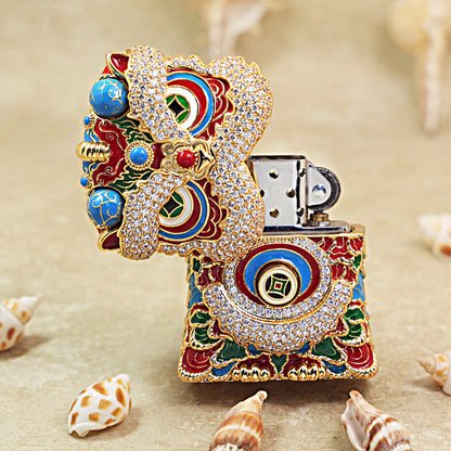 Zippo Heavy Relief Gold and Gemstone Lion Dance Head Case Set - CM41