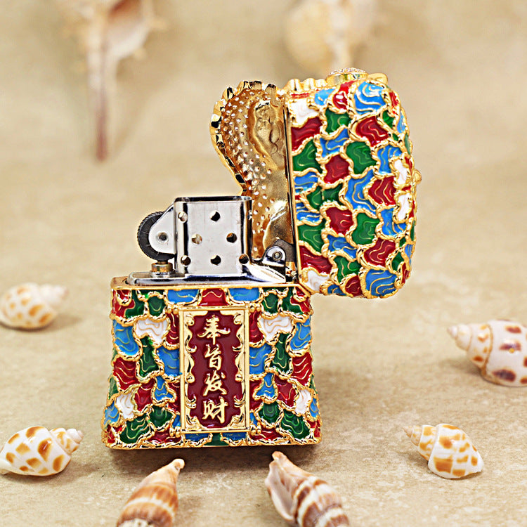 Zippo Heavy Relief Gold and Gemstone Lion Dance Head Case Set - CM41