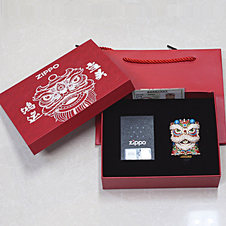 Zippo Heavy Relief Gold and Gemstone Lion Dance Head Case Set - CM41