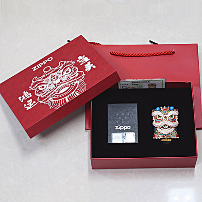 Zippo Heavy Relief Gold and Gemstone Lion Dance Head Case Set - CM41