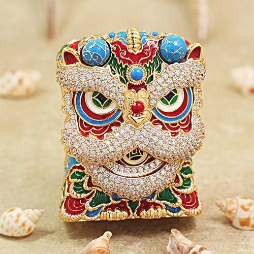 Zippo Heavy Relief Gold and Gemstone Lion Dance Head Case Set - CM41