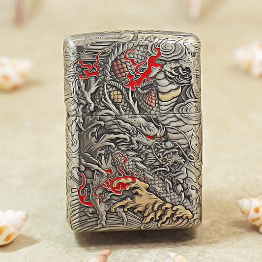 Zippo Heavy Relief Gold and Silver Coiling Dragon Prosperity Emblem - CM16