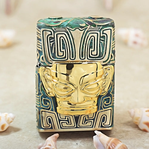 Zippo Heavy Relief Sanxingdui Golden Mask and Bronze Patina Case Set - CM25