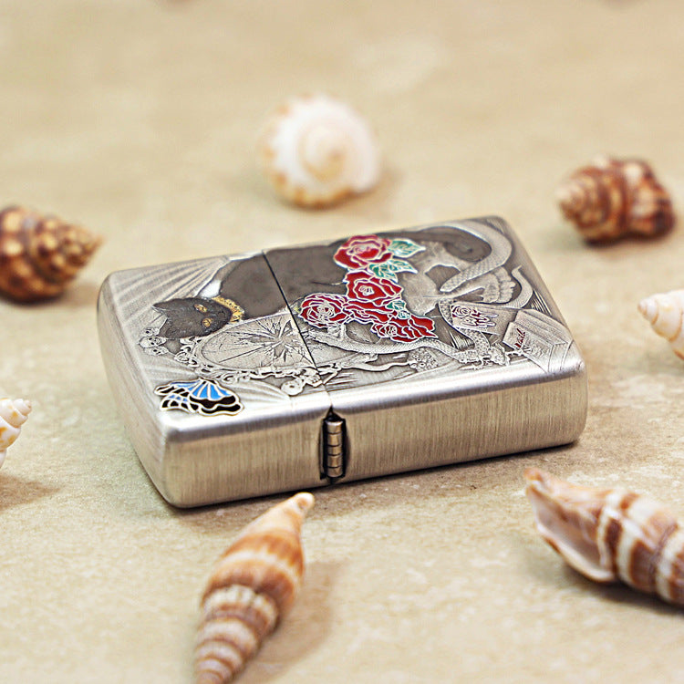 Zippo Heavy Relief Silver Broken Mirror Snake Cat Gothic Case - CM38