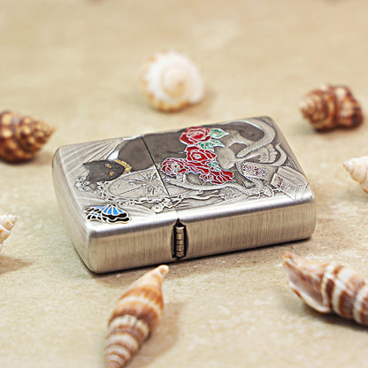 Zippo Heavy Relief Silver Broken Mirror Snake Cat Gothic Case - CM38