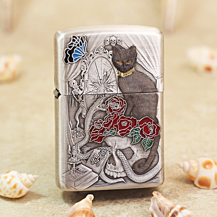 Zippo Heavy Relief Silver Broken Mirror Snake Cat Gothic Case - CM38