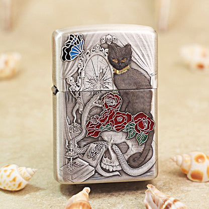 Zippo Heavy Relief Silver Broken Mirror Snake Cat Gothic Case - CM38