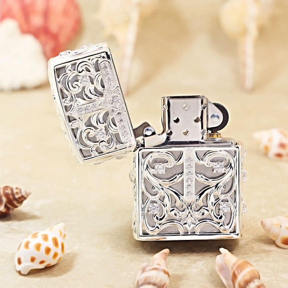 Zippo Heavy Relief Silver Openwork Diamond Cross Case - CM21