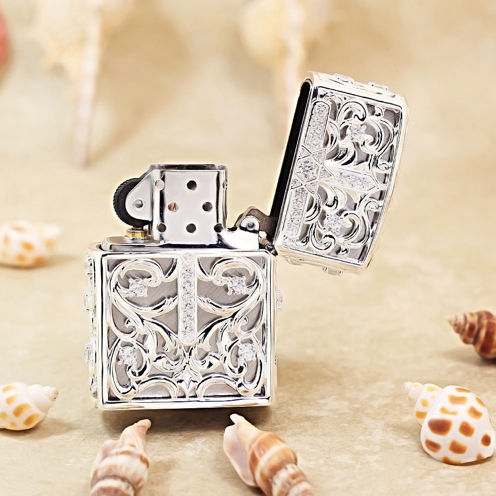 Zippo Heavy Relief Silver Openwork Diamond Cross Case - CM21