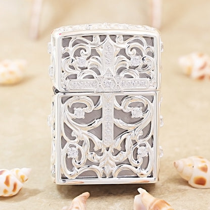 Zippo Heavy Relief Silver Openwork Diamond Cross Case - CM21