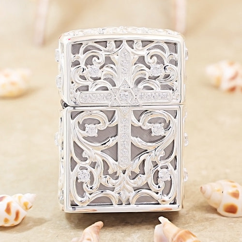 Zippo Heavy Relief Silver Openwork Diamond Cross Case - CM21