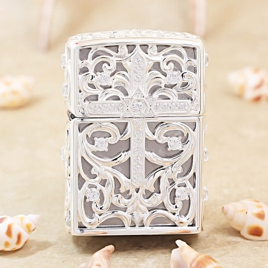 Zippo Heavy Relief Silver Openwork Diamond Cross Case - CM21