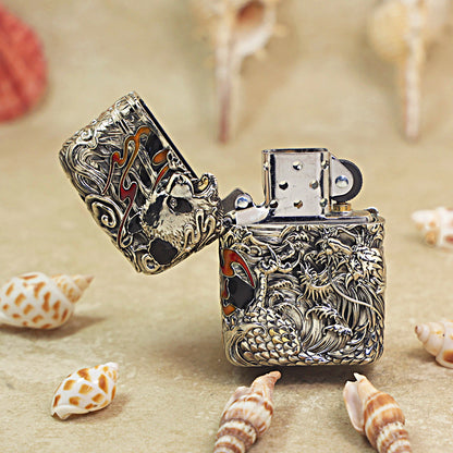 Zippo Heavy Relief Silver Panda and Dragon Battle Case Set - CM29