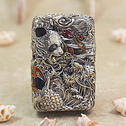 Zippo Heavy Relief Silver Panda and Dragon Battle Case Set - CM29