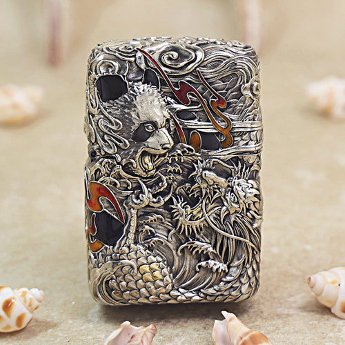 Zippo Heavy Relief Silver Panda and Dragon Battle Case Set - CM29