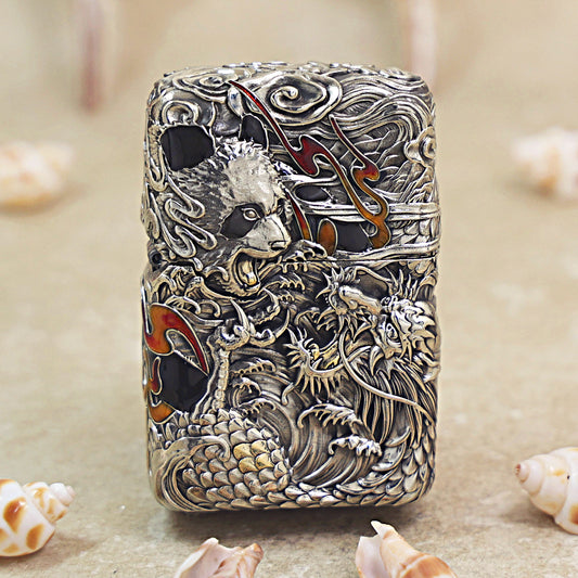 Zippo Heavy Relief Silver Panda and Dragon Battle Case Set - CM29
