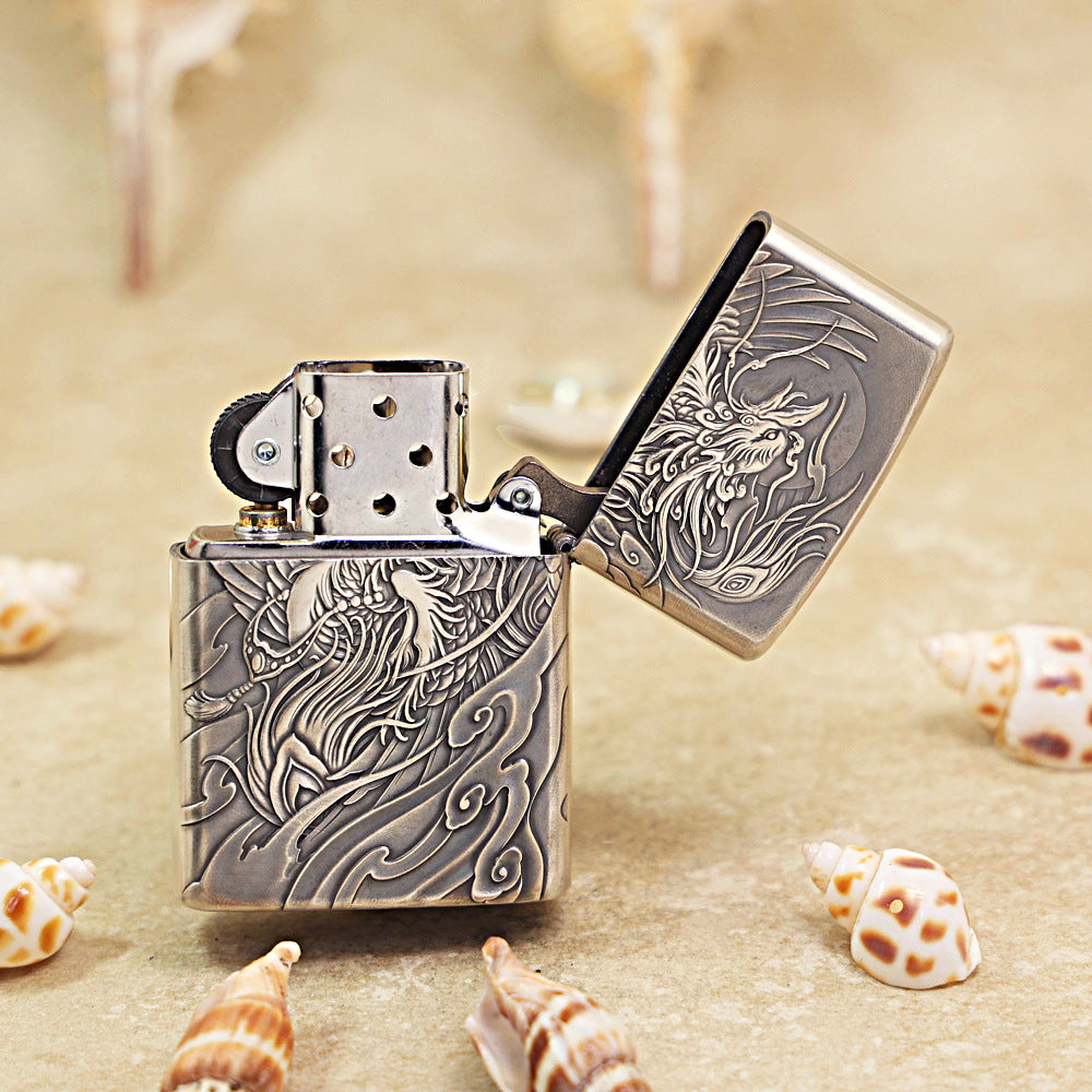Zippo Heavy Relief Silver Phoenix and Peony Case - CM35