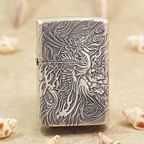 Zippo Heavy Relief Silver Phoenix and Peony Case - CM35