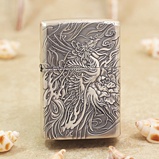 Zippo Heavy Relief Silver Phoenix and Peony Case - CM35
