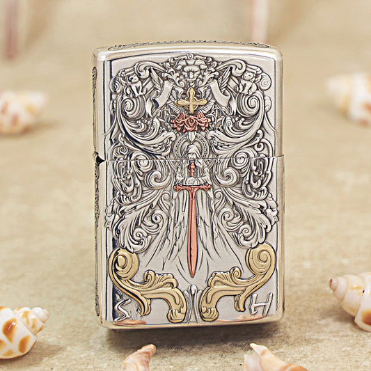 Zippo Heavy Relief Silver Sword of Judgment and Cherubs Case - CM30