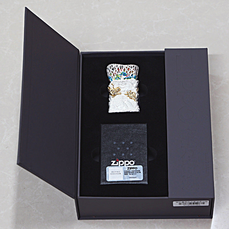 Zippo Solid 3d-embossed White Great Wall and Gold Serpent Case Bundle - CM42