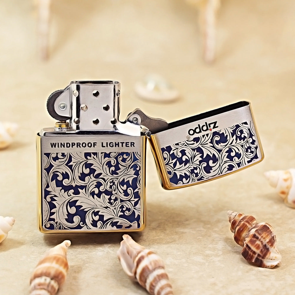Zippo High Polish Brass Blue Color Filled Arabesque Scroll - CS05
