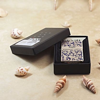 Zippo High Polish Brass Blue Color Filled Arabesque Scroll - CS05